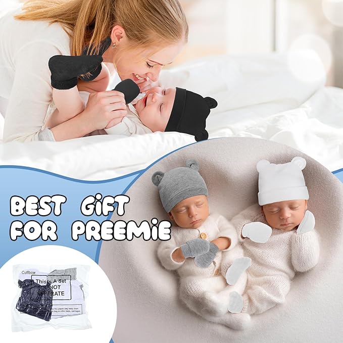Cuffbow 4 Pcs Preemie Hats Mittens and Socks Set Preemie Mittens Warm Terry Socks for Baby-CubbioJoy