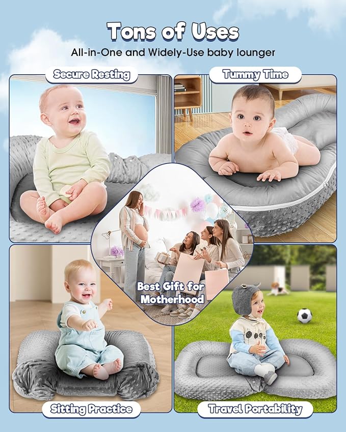 Baby Lounger Pillow : 3-in-1 Infant Lounger for Newborn 0-24 Months, Portable Tummy Time Mat for Home and Travel, Breathable & Soft Baby Seat for Baby, Babies Essentials Gifts, Grey-CubbioJoy
