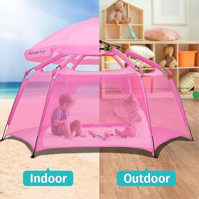 Alvantor Pop Up Playpen- 7'x7'x44”Baby Playpen Large Kids Play Tent Portable and Foldable Playpen Indoor/Outdoor Play Yard with Protective Mesh, UV SPF 50+ Sunshade, and Soft Foam Floor, Pink-CubbioJoy
