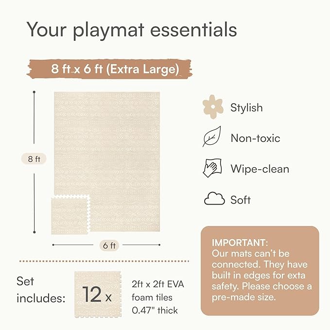 Baby Play Mat for Floor – 6x8ft Beige | Soft Non Toxic Premium EVA Foam Tiles for Tummy Time, Crawling & Playroom – Waterproof Interlocking Floor Mat for Babies & Toddlers by Lillefolk (12 Tiles)-CubbioJoy