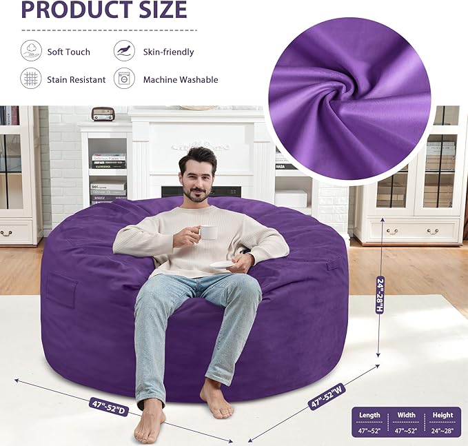 5FT Bean Bag Chair, Large Bean Bag Chairs with Memory Foam Filled, Fluffy Beanbag Sofa with Dutch Velvet Cover, Round BeanBag Chairs for Living Room, Playroom - Purple-CubbioJoy