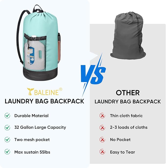 BALEINE 120L Laundry Bag Backpack, 900D Oxford Fabric Large Travel Laundry Bags with Shoulder Straps and 2 Mesh Pockets for College Dorm, Apartment, Laundromat (Sky Blue, 120L)-CubbioJoy