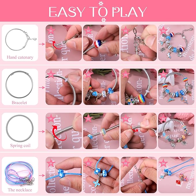 AIPRIDY Charm Bracelet Making Kit,Unicorn Mermaid Crafts Gifts Set Can Inspires Imagination and Creativity,Jewelry Making Kit Perfect Gifts for Girls 5-12 Years Old (72 Pieces Rose)-CubbioJoy