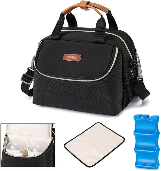 Breastmilk Cooler Bag with Ice Pack Fits 6 Baby Bottles up to 9 Ounce, Wearable Breast Pumps Cooler Bag for Nursing Mom Daycare, Work, Travel- Black-CubbioJoy