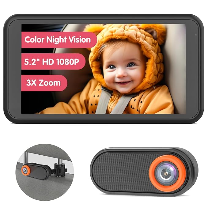 BM2 Car Camera for Baby, 5.2" 1080P Screen with 3X Zoom, Clear Rear-Facing View, 360° Rotating Lens, Easy Installation – Safety for Infants and Pets-CubbioJoy