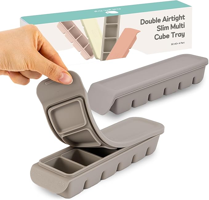 6 Section-1oz, Gray 100% Food Grade Silicone Ice Cube Tray Food Container with Airtight Locking Lid, Fruit Vegetable Purees, Breastmilk Storage for Baby & Toddler Food | BPA Free Korea Made-CubbioJoy