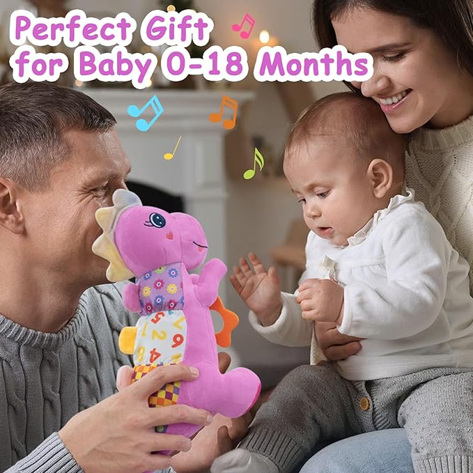 Baby Dino Plush Soft Stuffed Animal Toy for 0-3-6-12+ Months,Infant Musical Toy with Rattle,Squeaker,Sensory Crinkle,Teether & Textures,Toys for Christmas Baby Gift for Newborn Girl Boy (Purple)-CubbioJoy
