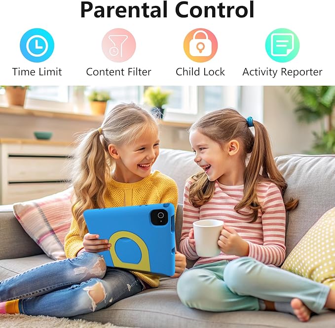 JREN Kids Table 10.1" ｜Android 14 Tablet for Kids｜64GB Storage｜Octa-Core｜WiFi ｜Cameras｜Parental Control｜Kids Content｜Case Included Great Gift for Children Ages 3-12 Years Old Blue-CubbioJoy