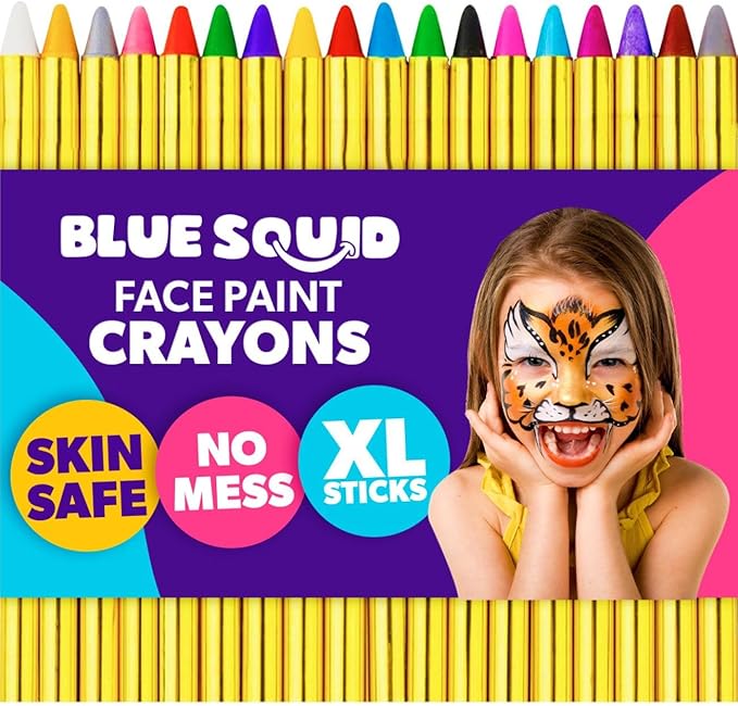 Blue Squid Face Paint Crayons for Kids - 18pcs XL Non-Toxic, Washable Body Paint Crayons - Our Face Painting Kit Makeup Sticks are Easy to Use, Safe for Sensitive Skin and Perfect for a Kids Party-CubbioJoy