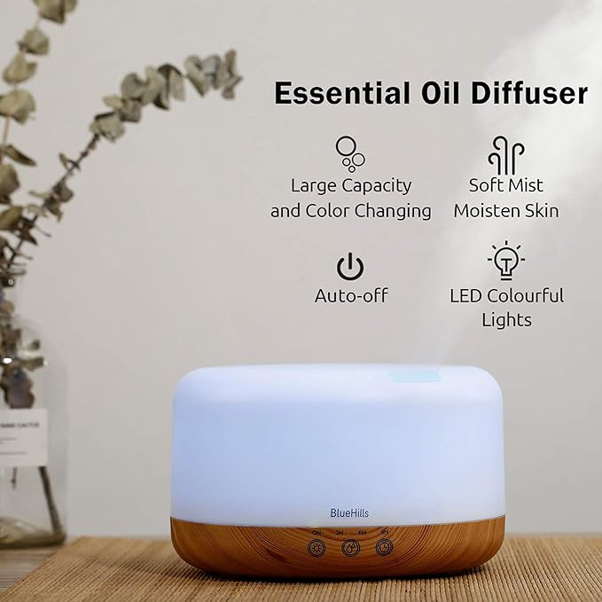 BlueHills Premium 1000 ML XL Essential Oil Diffuser Aromatherapy Humidifier with Remote Timer for Large Room Home 18 Hour Run Huge Coverage Area 1 Liter Mood Light Extra Large Capacity Wood Grain D004-CubbioJoy