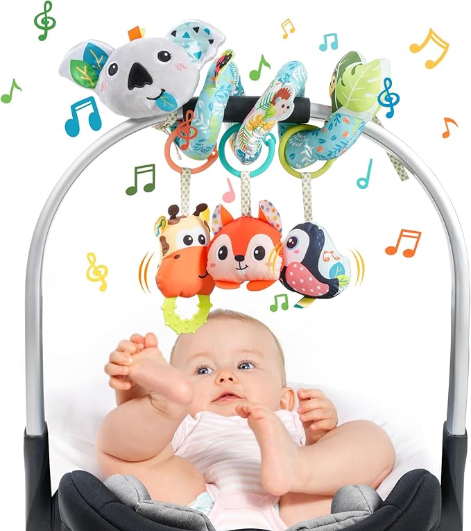 Jollybaby Crib Stroller Car Seat Toys for Baby 0-3-6-9-12 Months, Tummy Time Hanging Sensory Toys for Newborn with Music Box and Teether, Spiral Carseat Toy for Infant Boys Girls Gifts (Grey)-CubbioJoy