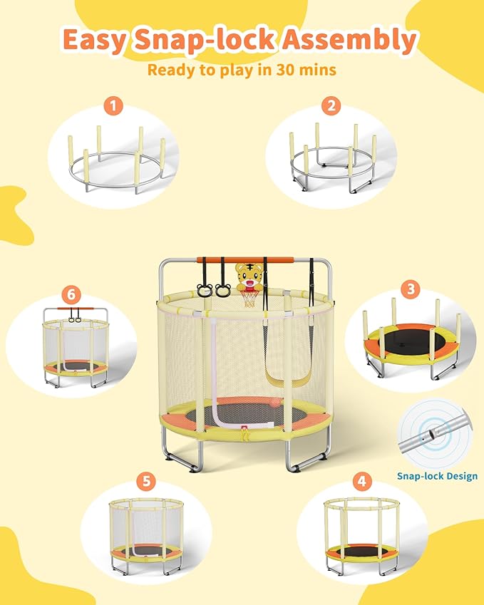 55” Trampoline for Kids, Powder-Coated Mini Trampoline for Toddlers, Indoor Outdoor Toys with Adjustable Gymnastics Bar, Swing, Basketball Hoop, Birthday Gifts for Boys & Girls Ages 1-8-CubbioJoy