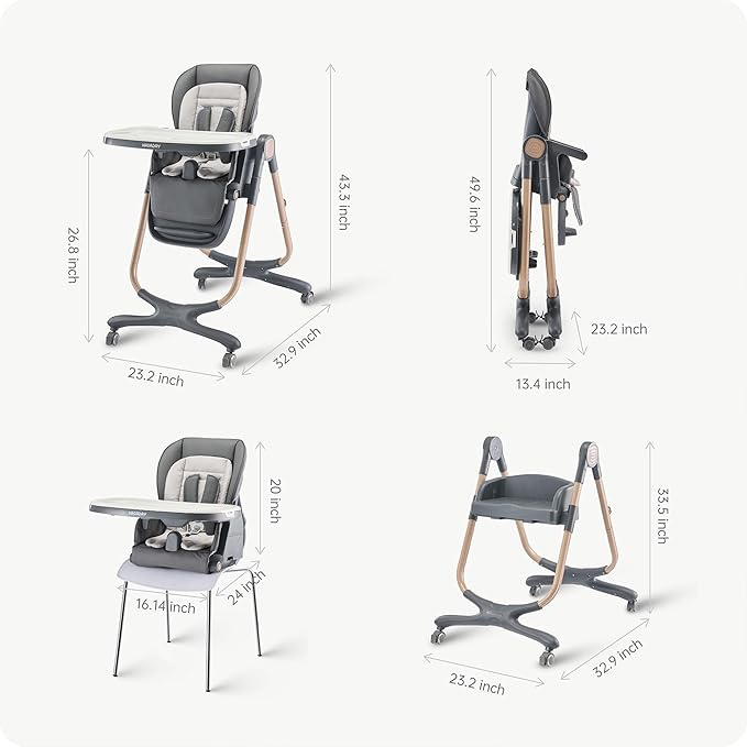 6 in 1 Convertible High Chairs for Babies and Toddlers,Portable High Chair with Dishwasher Tray and 4 Wheel,Booster Seat for Dining Table,Foldable Toddle and Baby Feeding Highchair (Gold-Grey)-CubbioJoy