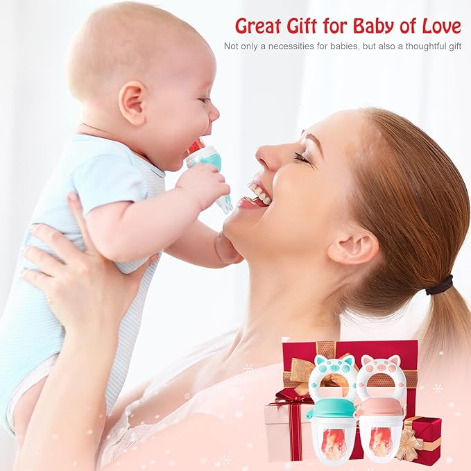 Baby Solids/Frozen Fruit Feeder Pacifier, Infant Teether Toy 4M+, BPA-Free Silicone Pouch & Nipple, Safely Introduce Solids, Teething Relief, 2-Pack (Piglet - Mint Green Pink, S/M/L)-CubbioJoy