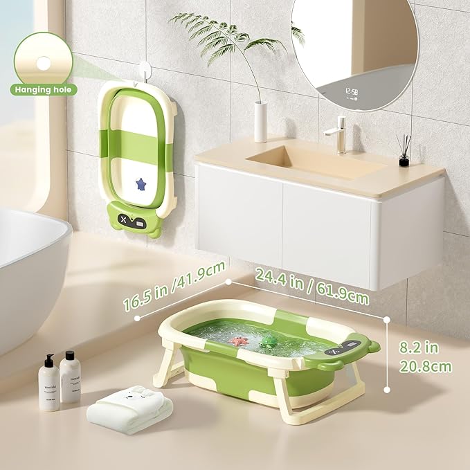 Collapsible Baby Bathtub for Newborn to Toddler (0-18 Month) - Portable Baby Bath Tub for Travel, Newborn Bathtub with Soft Towel and Floating Cushion (Green)-CubbioJoy