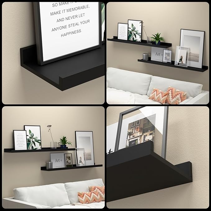 35.4 Inches Long Floating Shelves Wall Mounted, 2 Set Modern Black Wall Shelf for Bedroom, Nursery Book Shelf with Lip, Picture Ledge Shelf for Wall Decor Living Room Bathroom Kitchen- Black-CubbioJoy