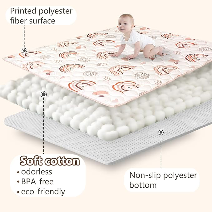 Baby Play Mats for Floor, 71”x59” Upgraded Thickness & Larger Super Soft Playmat for Babies and Toddlers, Foldable Washable, Upgrade Anti-Slip Crawling Mat for Playpen(Boho Rainbow)-CubbioJoy