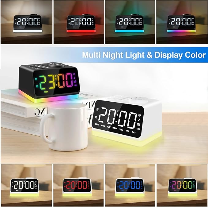 JALL Digital Alarm Clock with FM Radio for Bedroom, 8 Colors Night Light with 2 Charging Port, Sleep Sound Machines with Timer, Dual Alarm, Loud Alarm and Easy to Use for Seniors and Kids as Gift-CubbioJoy