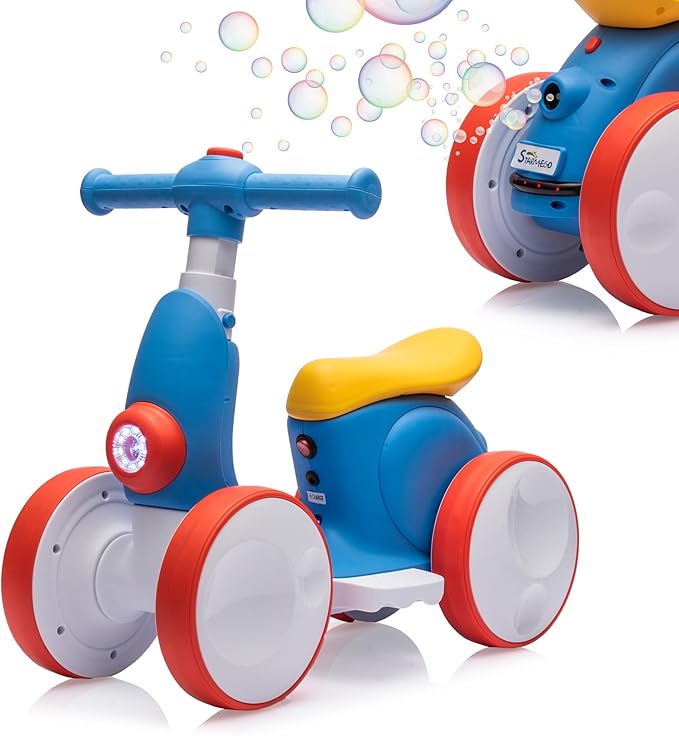 6V Electric Baby Balance Bike with Bubble Machine,4 in 1 Toddler Balance Bike w/Remote for 1 Year Old Boys Girls Kids Bubble Bike Ride on Toys w/Powered Motor,Music,LED Lights (Blue&Red)-CubbioJoy