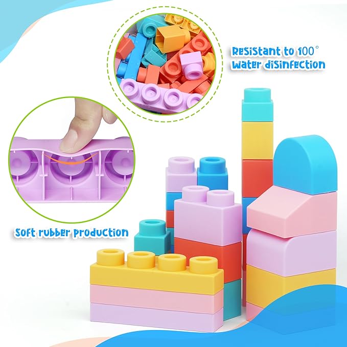 45 Pcs Soft Building Blocks for Toddlers 18M+, BPA - Free Sensory Toys, Montessori STEM DIY Construction Bricks, Safe Teething & Early Learning Toys, Creative Building Set for Baby Kids-CubbioJoy