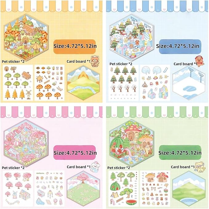 4 Sets DIY 3D House Stickers - Four Seasons Theme: Create Your Own Cute Cartoon Miniature Scene Sticker Art Kit for Kids & Adults, Stress Relief (Spring Summer Autumn Winter Theme)-CubbioJoy