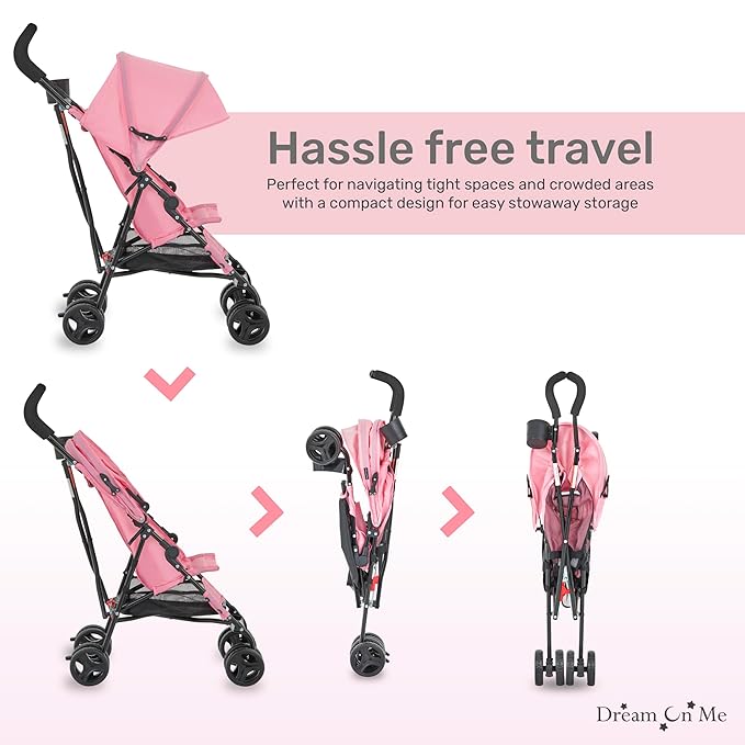 Dream On Me Rover Convenience Baby Stroller in Pink, Lightweight & Compact Umbrella Stroller, Easy one-Hand fold Travel Stroller, Lockable Rear Wheels, Removable & Adjustable Canopy-CubbioJoy