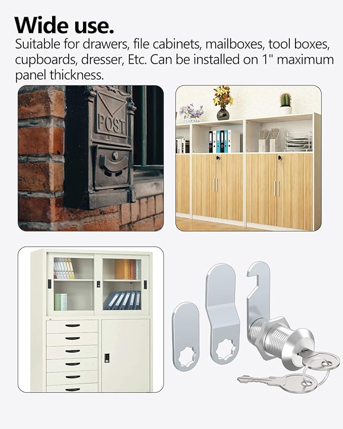 8 Packs Drawer and Cabinet Locks (Keyed Different) Secure Important Files, 1-1/8Inch 30mm Cam Locks with 3 pcs Different Lock Plates for Cabinet Cupboard File Drawer Mailbox Dresser Kitchen-CubbioJoy