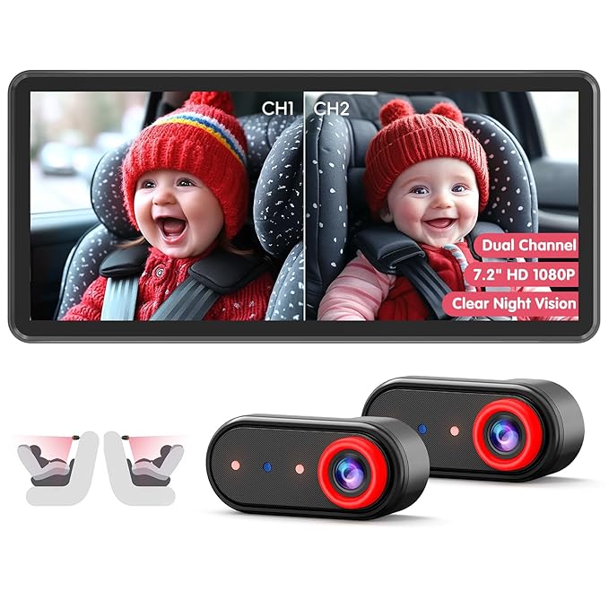 BM5PRO Double Car Camera for 2 Baby，7.2" 1080P Split Screen with IR Night Vision, Real-Time Monitoring Baby Car Camera,Easy Install, Family Travel Companion for Kids & Pets-CubbioJoy