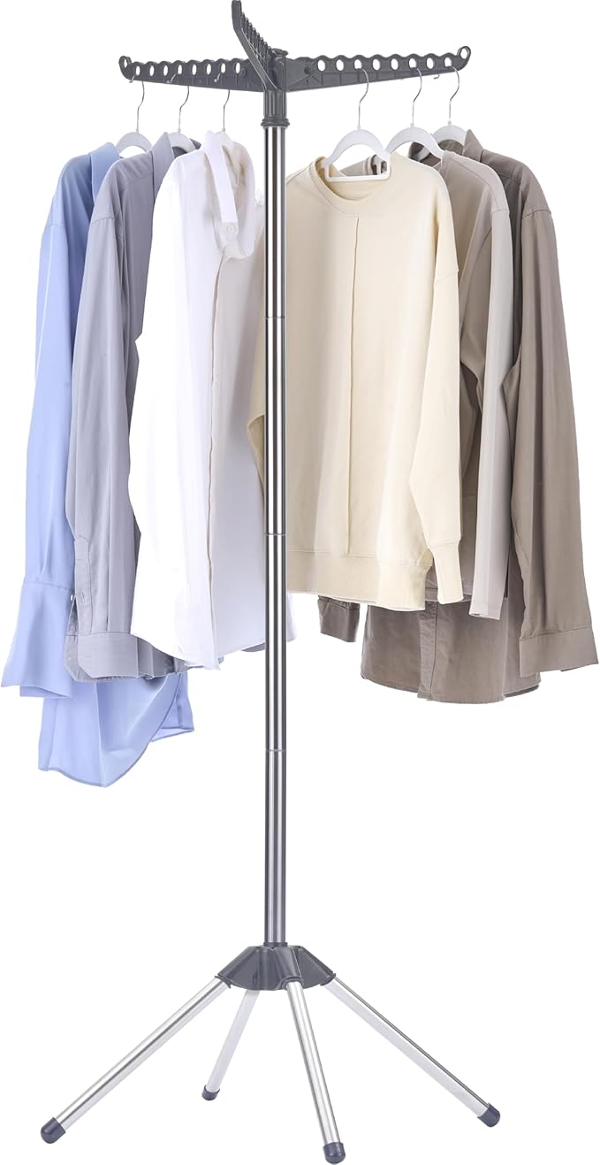 Clothes Drying Rack Foldable, 59 inch Tripod Laundry Drying Rack Indoor with Rotating Clothes Rail for 27 Pieces of Clothes, Space Saving, Stainless Steel, Grey and Silver CDR001G01-CubbioJoy