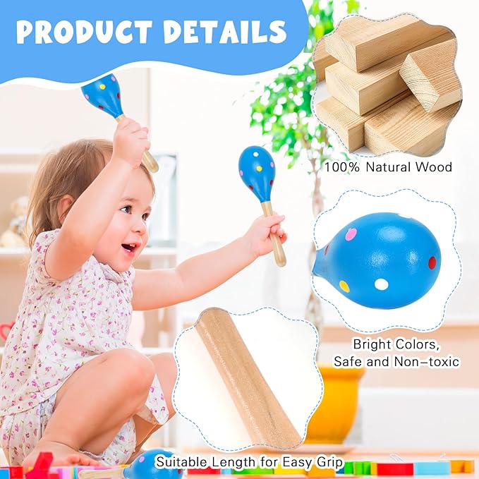 2 Pcs Maracas, Hand Percussion Rattles for Kids, Wooden Rumba Shaker Hand Musical Instruments with Clear Rhythm for Kids Adults Playing (Blue)-CubbioJoy