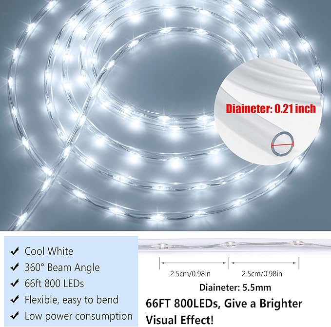 Connectable 66ft 800 LED Rope Lights Outdoor, Cool White Strip Lights Plug in, Outdoor String Lights Waterproof Decorative Lighting for Deck Patio Yard Garden Pathway Pool Camping Room Indoor Décor-CubbioJoy