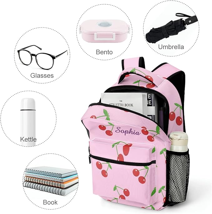 Cherry on Pink Custom Kids Backpack 16.5 Inch for Boy Girl, Personalized Waterproof Child School Travel Bag with Name-CubbioJoy