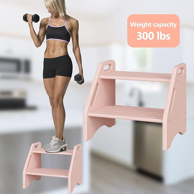 AMBIRD Wooden Step Stool, Two Step Stools Toddler 300 lbs Capacity with Safety Non-Slip Pads and Handles, Bamboo Step Stool for Bathroom, Kitchen Dual Height Step Stools for Kids (Pink)-CubbioJoy
