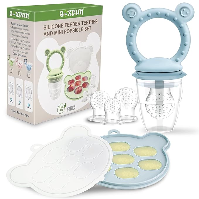 JEXFUN Silicone Baby Fruit Food Feeder Pacifier & Breastmilk Popsicle Freezer Molds for Cooling Relief, BPA Free Silicone Feeder to Safely Introduce New Foods, Double as Teething Toys, 4 Month+-CubbioJoy