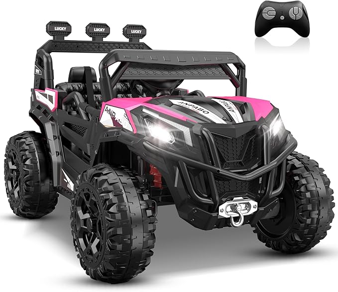 ANPABO 24V 4X4 Ride on Car Truck w/Remote Control, 4WD/2WD Switchable Kids UTV, 19" Spacious Seat, 4 Shock Absorbers, Soft Start, Music Player, Electric Car for Kids Ages 3+(Pink)-CubbioJoy