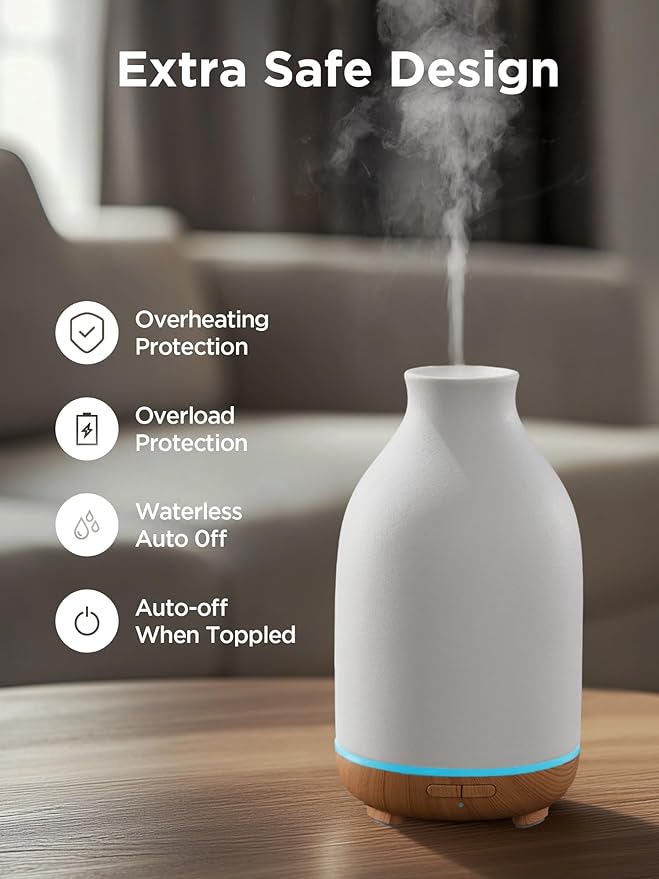 InnoGear Essential Oil Diffuser, 150ml Ceramic Stone Diffuser Handcrafted Aromatherapy Diffusers Ultrasonic Cool Mist Humidifier Vaporizor with 2 Mist Modes Waterless Auto Off for Room Office, White-CubbioJoy