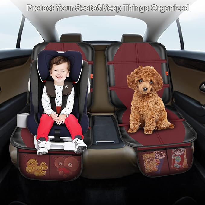 Car Seat Protector,2 Pack Automotive Seat Protectors Baby Carseat Pad Waterproof Durable 600D Fabric for Child Baby Car Seat Mat Vehicle Pet Cover 2 Storage Pockets (Wine Red)-CubbioJoy