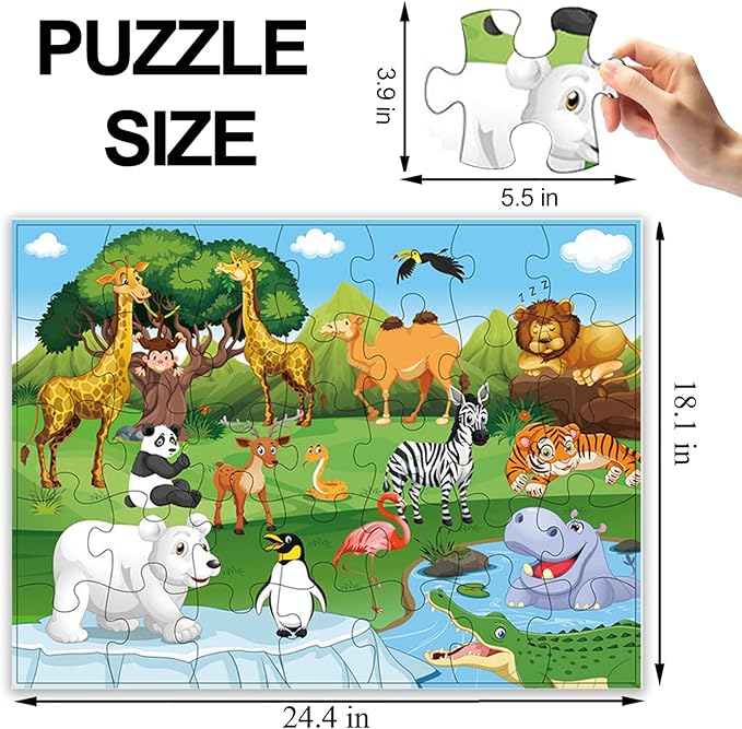 Jumbo Floor Puzzle for Kids, Large Jigsaw Puzzles 35 Piece for Kids Ages 3-5,Preschool Learning & Education Toys, Gifts for 4-8 Year Old Boys and Girls (Grassland Animal)-CubbioJoy