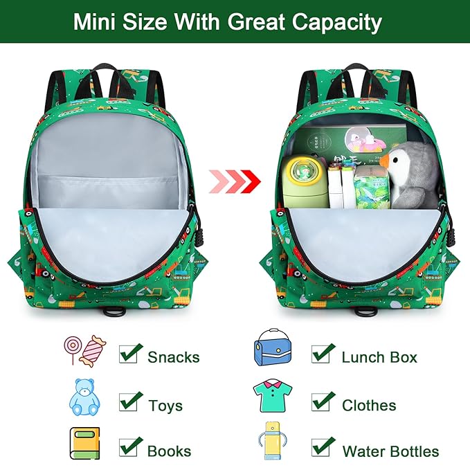 Accmor Toddler Backpack with Leash, Cute Baby Backpack with Anti Lost Wrist Link, Mini Kids Backpack Leash Walking Harness for Travel, Small Excavator Backpack Tether for Boys Girls Ages 1-3 (Green)-CubbioJoy