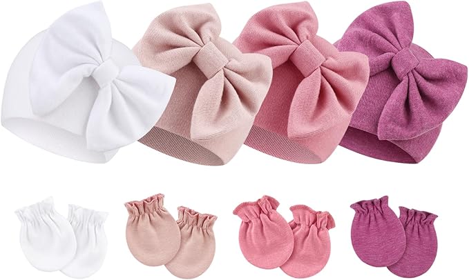 BQUBO Newborn Baby Hats Mittens Set Hospital Hat Beanie Infant Bow Hats Baby Gloves No Scratch Mittens for 0-6 Months-CubbioJoy
