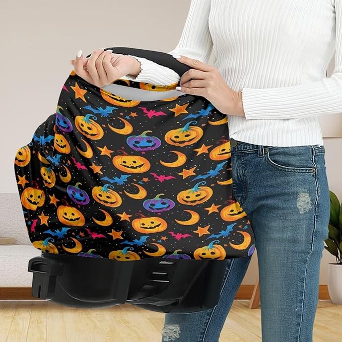 Binienty Galaxy Pumpkin Bats Moon Car Seat Covers for Babies, Halloween Decoration,Halloween Pumpkin Nursing Cover Breastfeeding Scarf, Stretch Baby Carseat Canopy-CubbioJoy