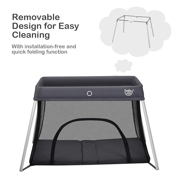 BABY JOY Baby Foldable Travel Crib, 2 in 1 Portable Playpen with Soft Washable Mattress, Side Zipper Design, Lightweight Installation-Free Home Playard with Carry Bag, for Infants & Toddlers (Grey)-CubbioJoy