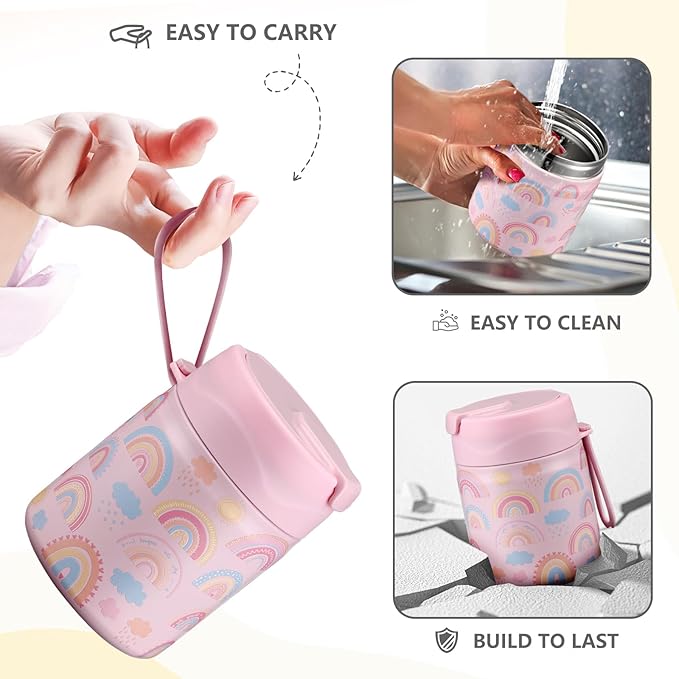 17oz Soup Thermo for Hot Food Kids Insulated Vacuum Food Jar with Stainless Steel Spoon Wide Mouth Thermo Leakproof Lunch Food Container Kids Hot Lunch Box (Pink-Rainbow)-CubbioJoy