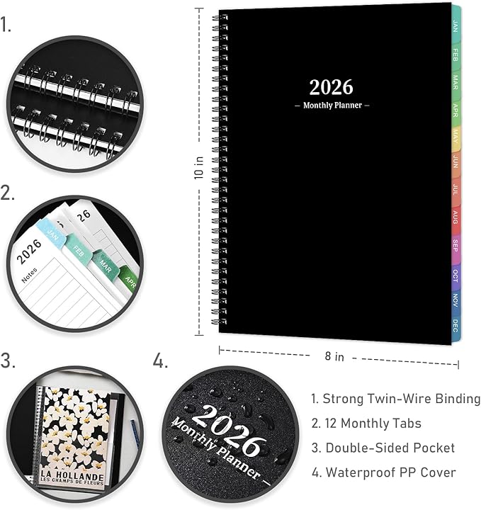 2026 Monthly Planner - 2026 Planner/Calendar, JAN 2026 - DEC 2026, Monthly Planners with Colorful Tabs, Planners for Daily Organizing - Waterproof Cover (8" x10", Notes Pages, Black)-CubbioJoy