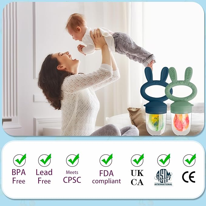 Baby Solids/Frozen Fruit Feeder Pacifier, Infant Teether Toy 4M+, BPA-Free Silicone Pouch & Nipple, Safely Introduce Solids, Teething Relief, 2-Pack - Blue/Green (Rabbit)-CubbioJoy