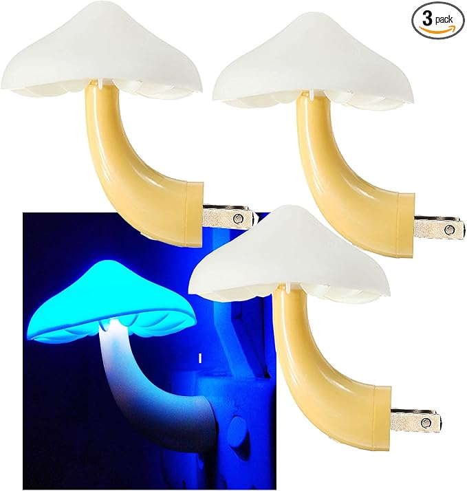 AUSAYE 3Pack Sensor LED Night Light Plug in Lamp Magic Mushroom Nightlight Cute Night Lights for Adults Kids Bedroom, Bathroom,Toilet,Hallway,Stairs,Kitchen Blue-CubbioJoy