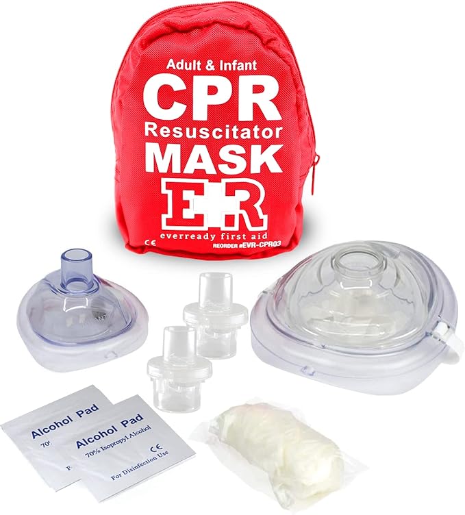 Adult and Infant CPR Mask Combo Kit – Includes 2 CPR Masks with One-Way Valves, Pair of Vinyl Gloves, 2 Alcohol Prep Pads – Portable Emergency CPR Kit – Red-CubbioJoy