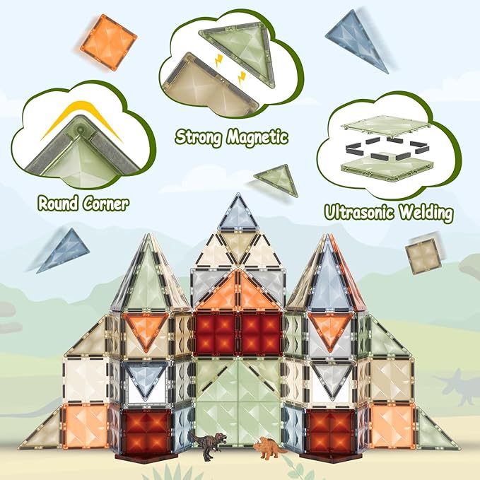 3D Magnetic Tiles, STEM Learning and Encourage Imaginative Play Magnetic Blocks, Preschool Puzzle Toys with Dinosaur, Gift for Boys and Girls 3 4 5 6 7 8 Years+-CubbioJoy