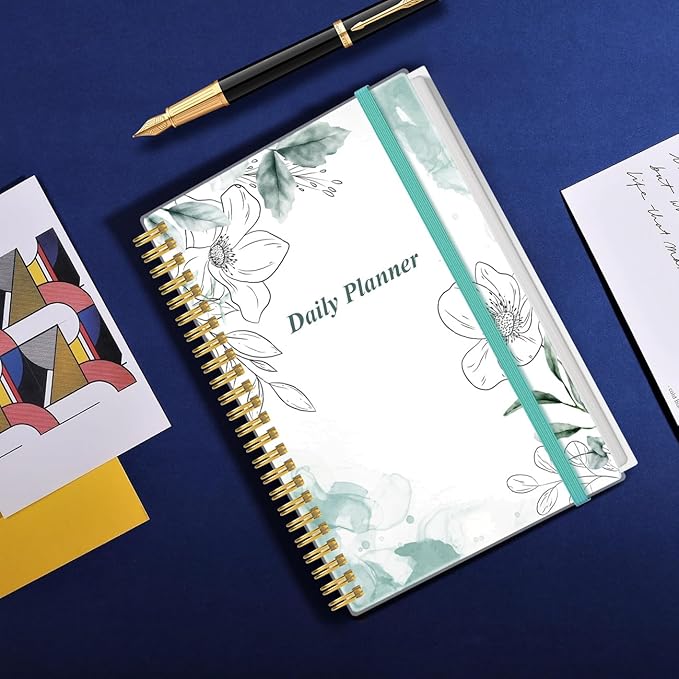 Daily Planner Undated - A5 To Do List Notebook Hourly Schedules, Spiral Appointment Planner for Women and Men, PVC Hardcover, Inner Pocket, Elastic Closure, 5.8" x 8.3", Teal Flowers-CubbioJoy