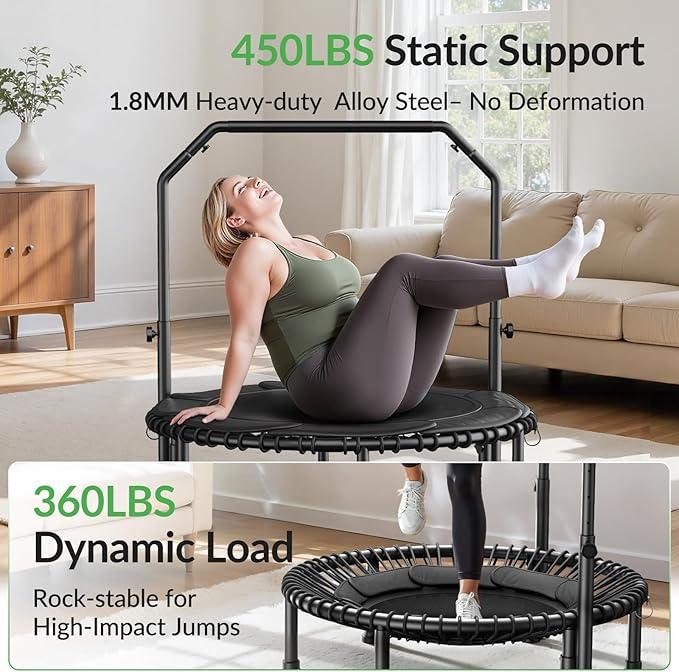 BCAN 40"/48" Mini Rebounder Trampoline for Adults with Bar, 450/550LBS Fitness Trampoline with Bungees, Adjustable Handle, Stable & Quiet, Indoor Outdoor, Whole-Body Workout & Relaxation at Home-CubbioJoy